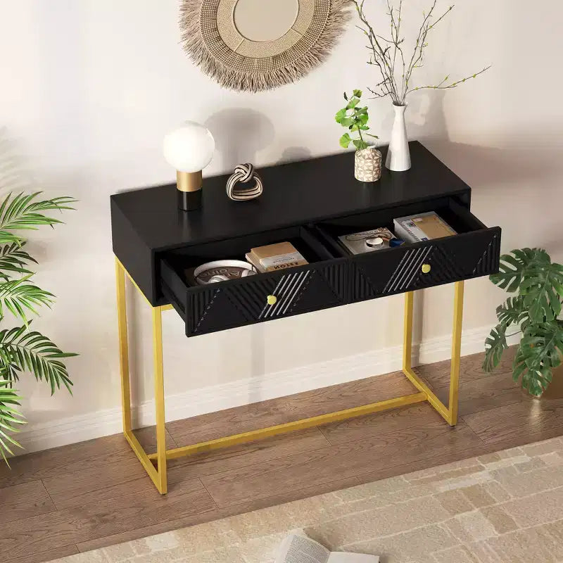 Table d'entrée moderne Okak avec pieds dorés, console étroite avec 2 tiroirs et motif à rayures, table d'appoint pour salon, couloir