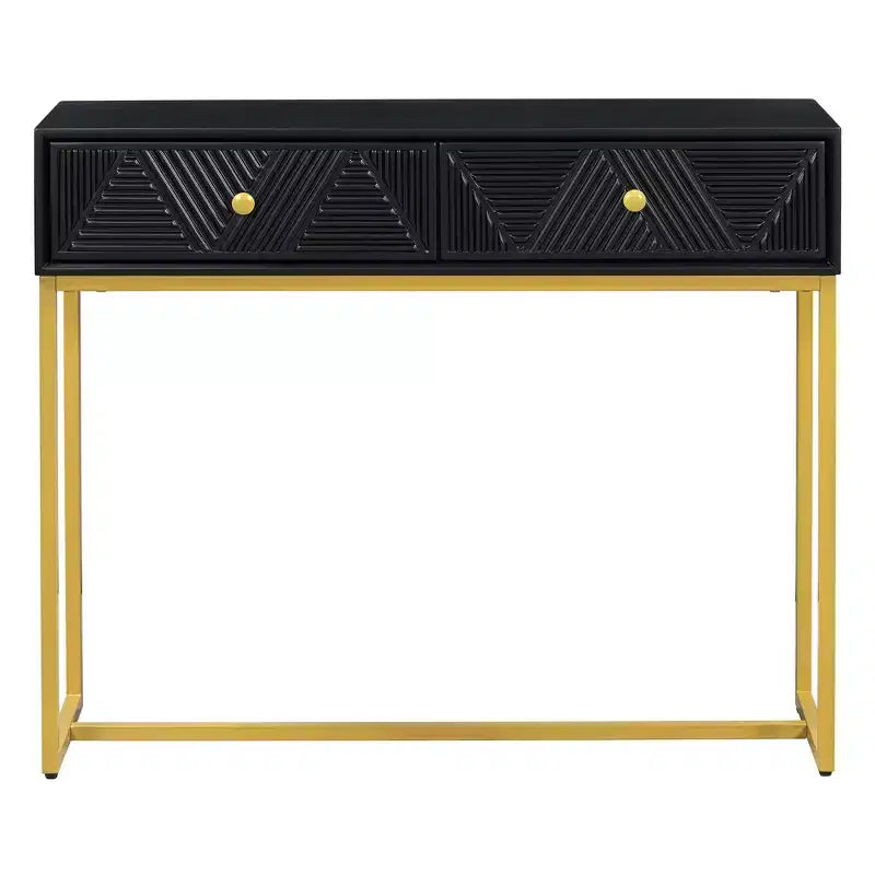 Table d'entrée moderne Okak avec pieds dorés, console étroite avec 2 tiroirs et motif à rayures, table d'appoint pour salon, couloir