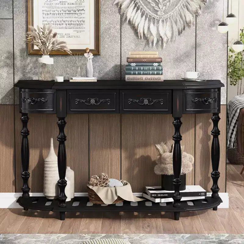 Okak 52IN Vintage Curved Console Table with Exquisite Carvings, Entryway Table with 4 Drawers and 1 Shelf, Accent Table for Living Room, Black