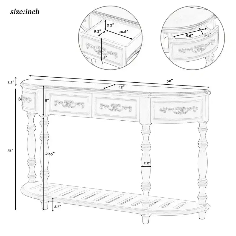 Table console Okak 52 po vintage incurvée avec sculptures exquises, table d'entrée avec 4 tiroirs et 1 étagère, table d'appoint pour salon, noir