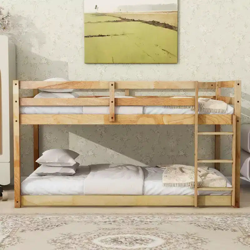 Lit superposé jumeau sur jumeau Okak 77.3IN avec échelle, lit jumeau avec garde-corps et lattes renforcées, cadres de lit pour chambre d'enfant, salle de jeux, Naturel