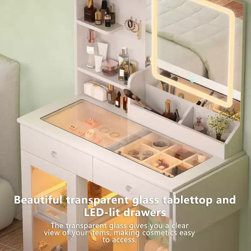 Coiffeuse moderne Okak avec miroir et lumières LED, petite commode avec grand espace de rangement, table de maquillage pour chambres à coucher
