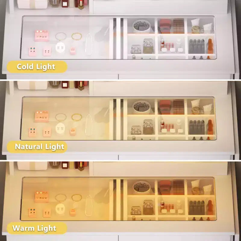 Coiffeuse moderne Okak avec miroir et lumières LED, petite commode avec grand espace de rangement, table de maquillage pour chambres à coucher