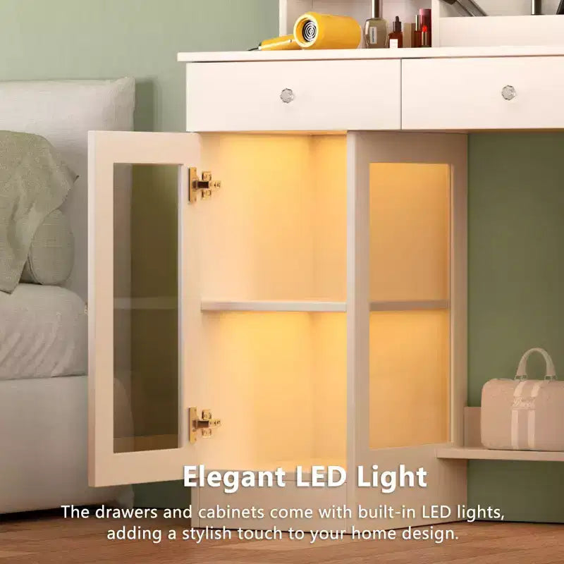 Coiffeuse moderne Okak avec miroir et lumières LED, petite commode avec grand espace de rangement, table de maquillage pour chambres à coucher
