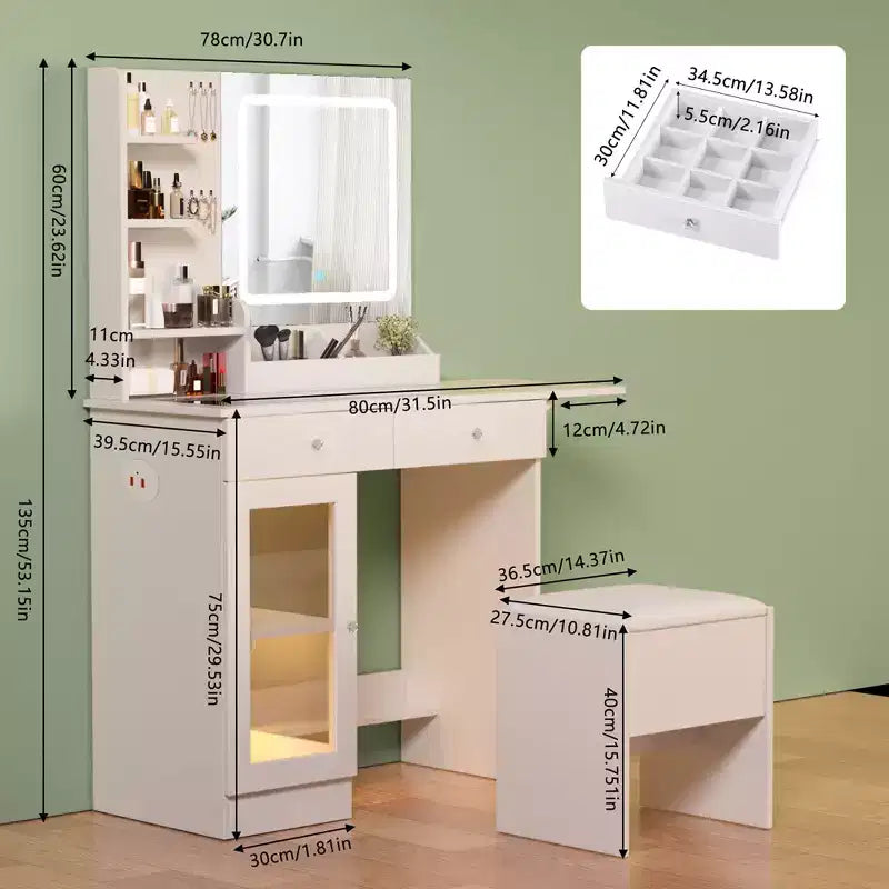 Coiffeuse moderne Okak avec miroir et lumières LED, petite commode avec grand espace de rangement, table de maquillage pour chambres à coucher