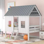Twin Size Low Loft Bed, Wooden House Bed with Roof, Two Front Windows and Guardrail, White