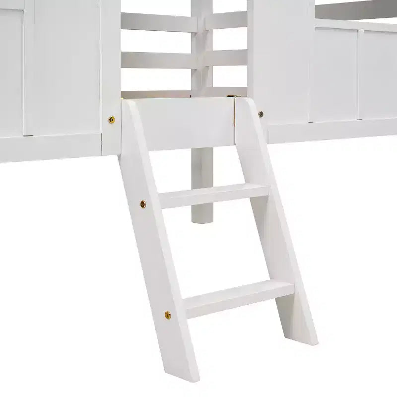 Lit mezzanine bas pour jumeaux, lit cabane en bois avec toit, deux fenêtres avant et barrière de sécurité, blanc
