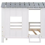 Lit mezzanine bas pour jumeaux, lit cabane en bois avec toit, deux fenêtres avant et barrière de sécurité, blanc