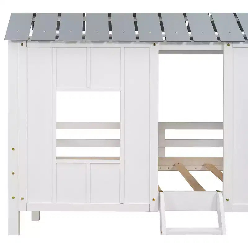 Lit mezzanine bas pour jumeaux, lit cabane en bois avec toit, deux fenêtres avant et barrière de sécurité, blanc
