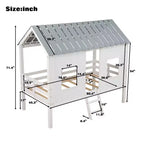 Lit mezzanine bas pour jumeaux, lit cabane en bois avec toit, deux fenêtres avant et barrière de sécurité, blanc