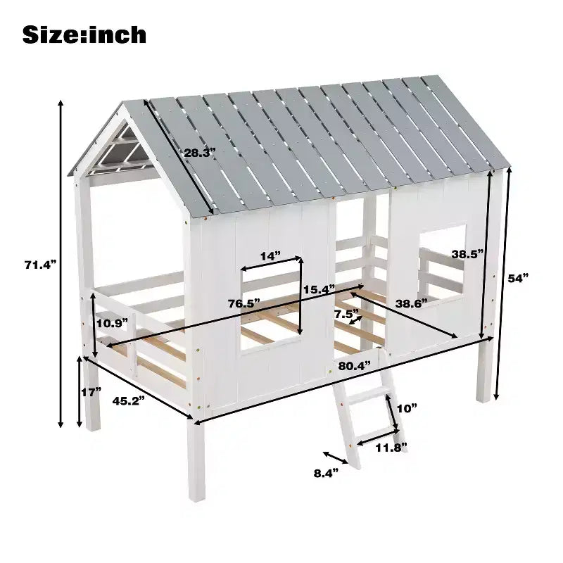 Lit mezzanine bas pour jumeaux, lit cabane en bois avec toit, deux fenêtres avant et barrière de sécurité, blanc