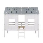 Lit mezzanine bas pour jumeaux, lit cabane en bois avec toit, deux fenêtres avant et barrière de sécurité, blanc