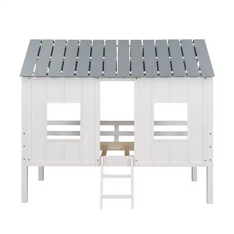 Lit mezzanine bas pour jumeaux, lit cabane en bois avec toit, deux fenêtres avant et barrière de sécurité, blanc