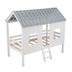 Lit mezzanine bas pour jumeaux, lit cabane en bois avec toit, deux fenêtres avant et barrière de sécurité, blanc
