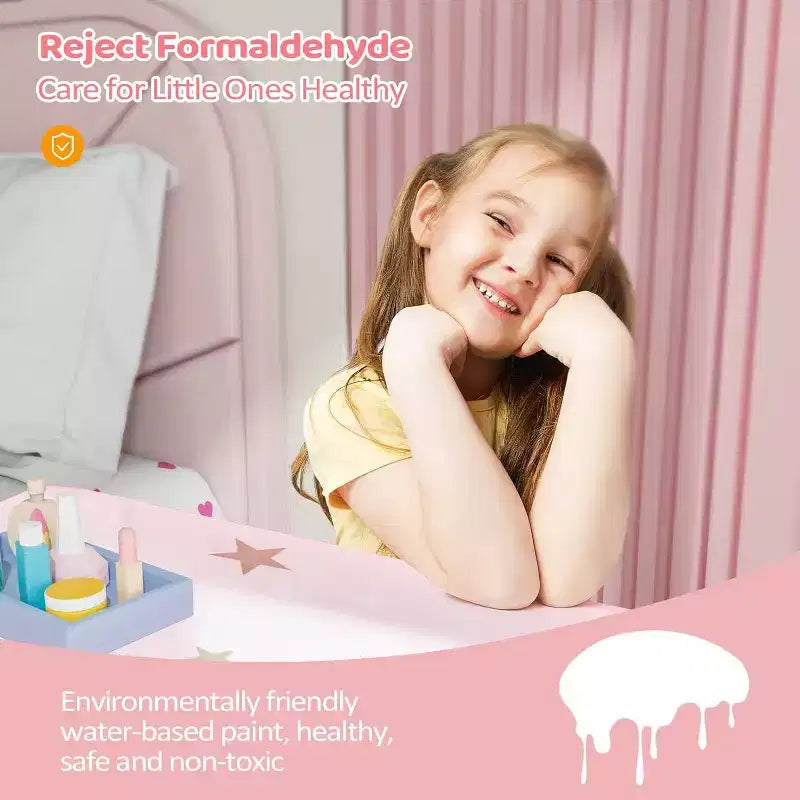 JOYMOR Coiffeuse 2-en-1 pour enfants, miroir triptyque, grand tiroir, pieds en bois massif, 4-9 ans, rose