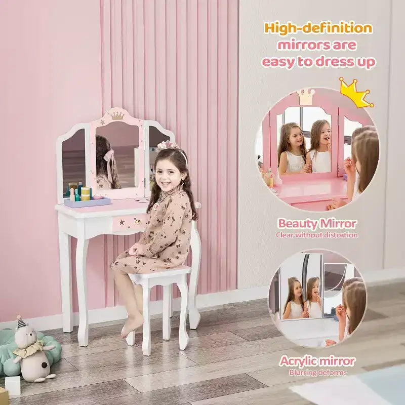 JOYMOR Coiffeuse 2-en-1 pour enfants, miroir triptyque, grand tiroir, pieds en bois massif, 4-9 ans, rose