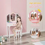 JOYMOR Coiffeuse 2-en-1 pour enfants, miroir triptyque, grand tiroir, pieds en bois massif, 4-9 ans, rose