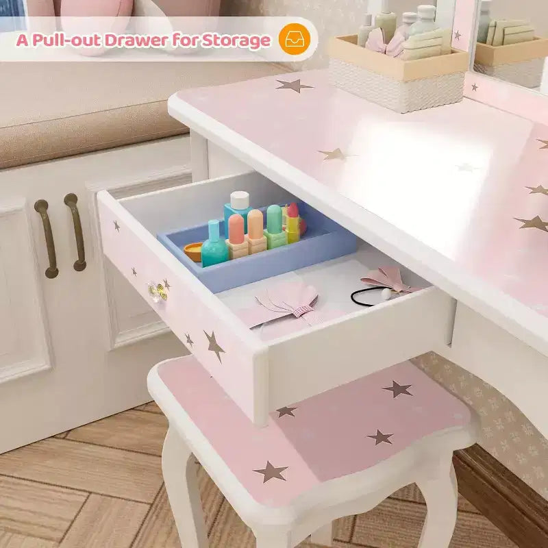 JOYMOR Coiffeuse 2-en-1 pour enfants, miroir triptyque, grand tiroir, pieds en bois massif, 4-9 ans, rose
