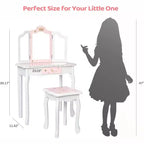 JOYMOR Coiffeuse 2-en-1 pour enfants, miroir triptyque, grand tiroir, pieds en bois massif, 4-9 ans, rose