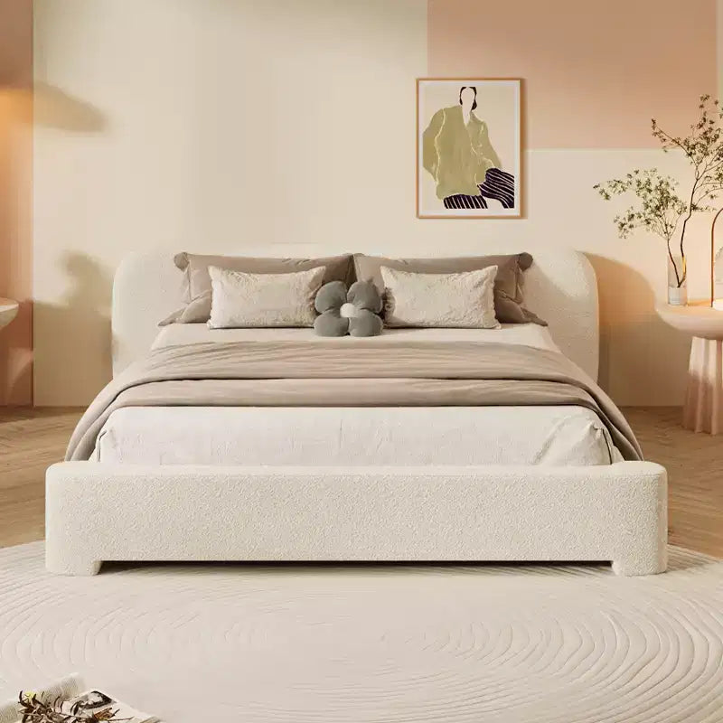 Lit plateforme élégant, cadre de lit rembourré en tissu bouclé avec tête de lit douce, taille double/queen/king, blanc - ModernLuxe