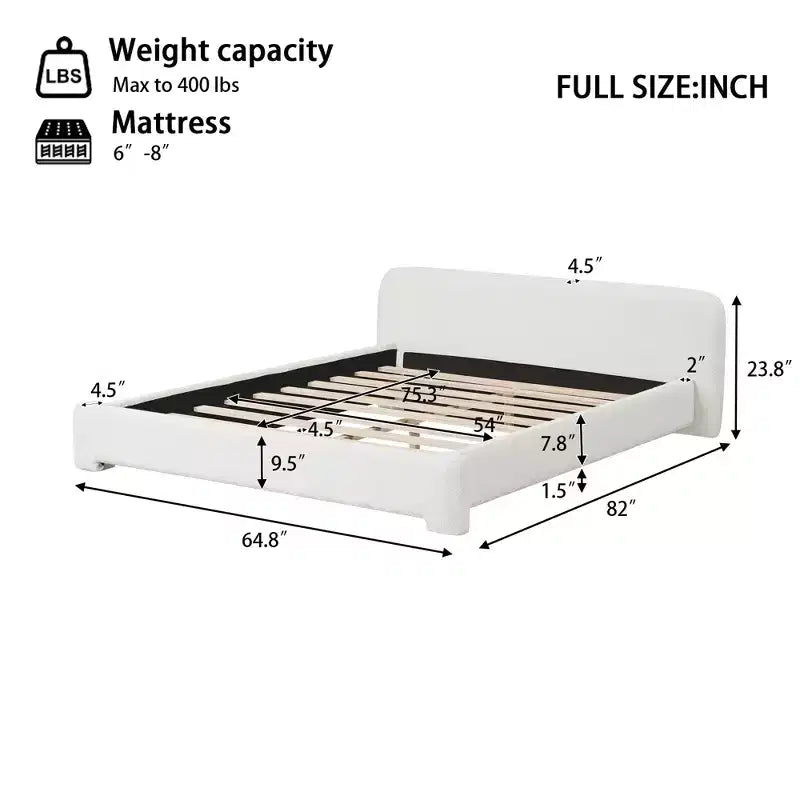 Lit plateforme élégant, cadre de lit rembourré en tissu bouclé avec tête de lit douce, taille double/queen/king, blanc - ModernLuxe