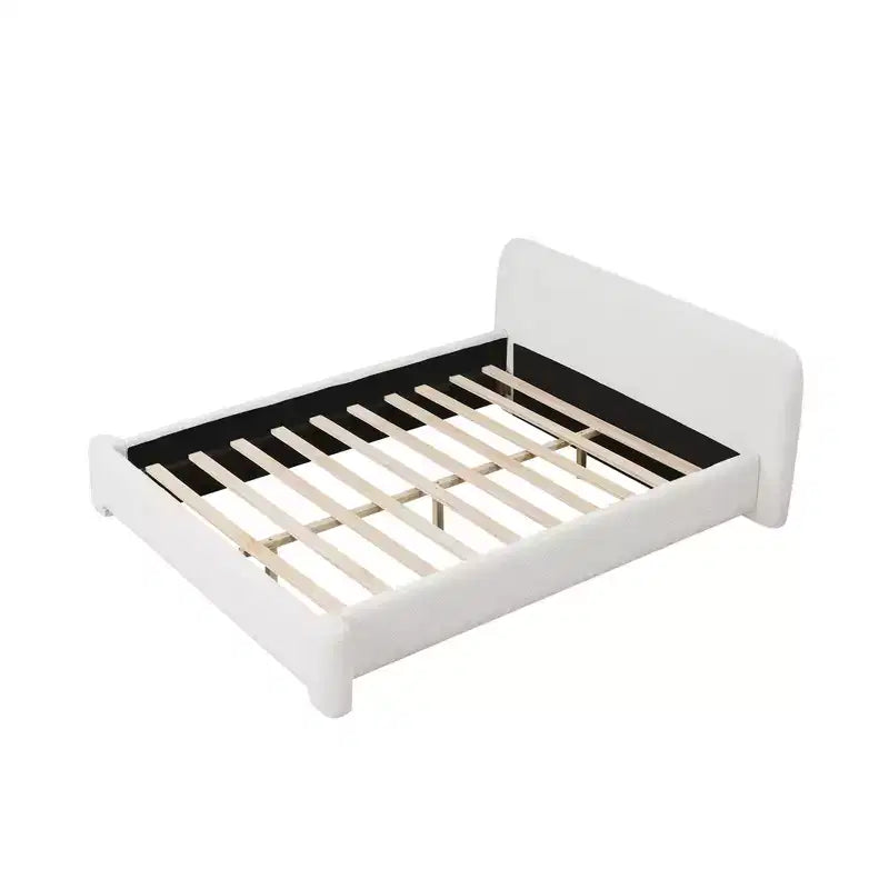Lit plateforme élégant, cadre de lit rembourré en tissu bouclé avec tête de lit douce, taille double/queen/king, blanc - ModernLuxe