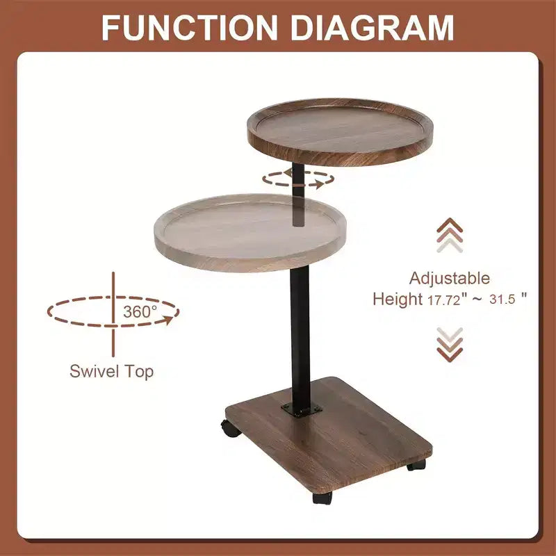 Table d'appoint en C, table de canapé pivotante à 360° et réglable en hauteur, table d'appoint ronde roulante à hauteur réglable