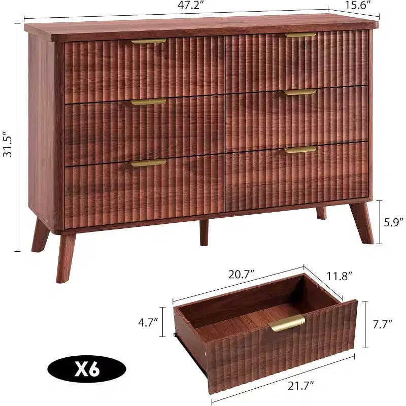 COZONY Commode cannelée à 6 tiroirs, commode moderne en bois au design incurvé pour chambre à coucher