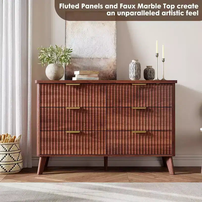 COZONY Commode cannelée à 6 tiroirs, commode moderne en bois au design incurvé pour chambre à coucher