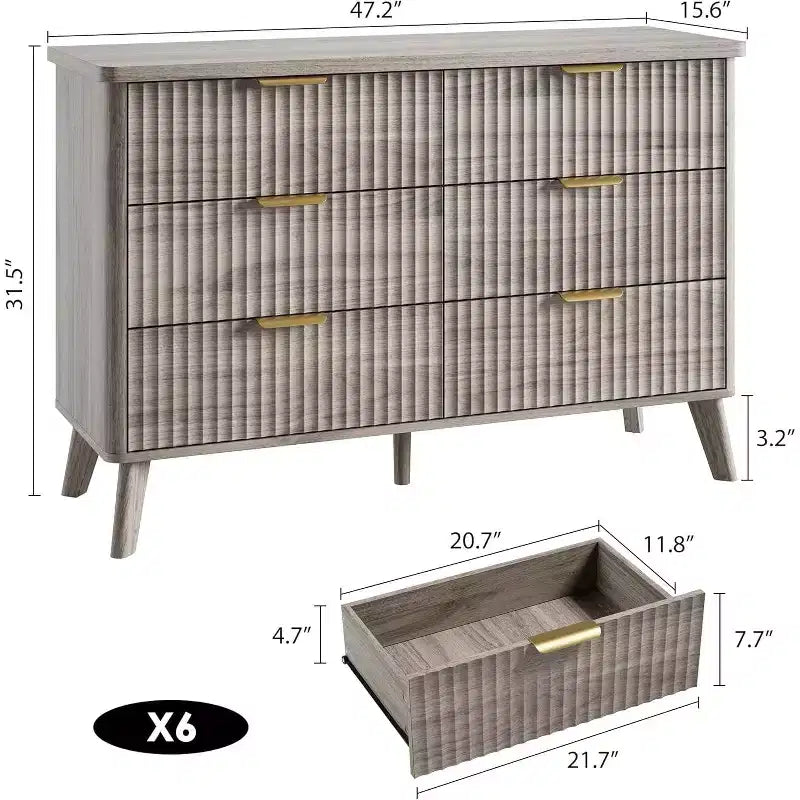 COZONY Commode cannelée à 6 tiroirs, commode moderne en bois au design incurvé pour chambre à coucher