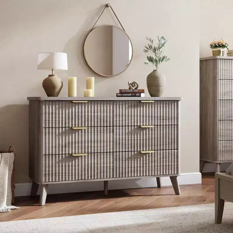 COZONY Commode cannelée à 6 tiroirs, commode moderne en bois au design incurvé pour chambre à coucher