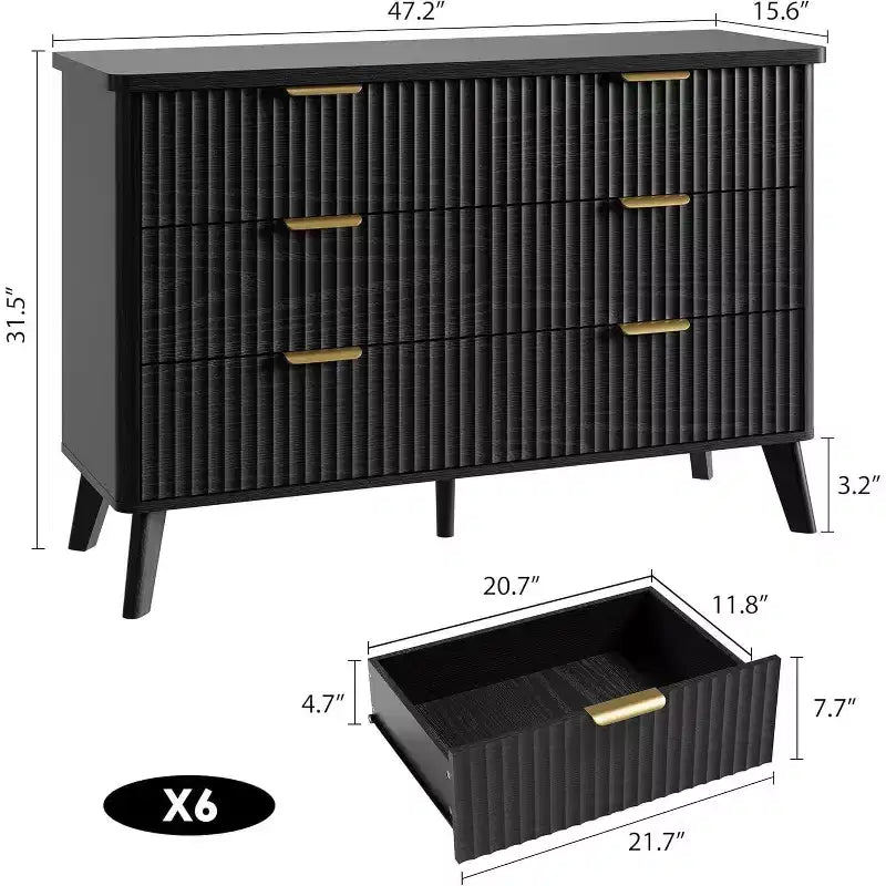 COZONY Commode cannelée à 6 tiroirs, commode moderne en bois au design incurvé pour chambre à coucher