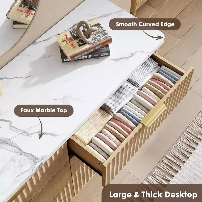 COZONY Commode cannelée à 6 tiroirs, commode moderne en bois au design incurvé pour chambre à coucher