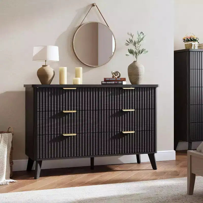 COZONY Commode cannelée à 6 tiroirs, commode moderne en bois au design incurvé pour chambre à coucher
