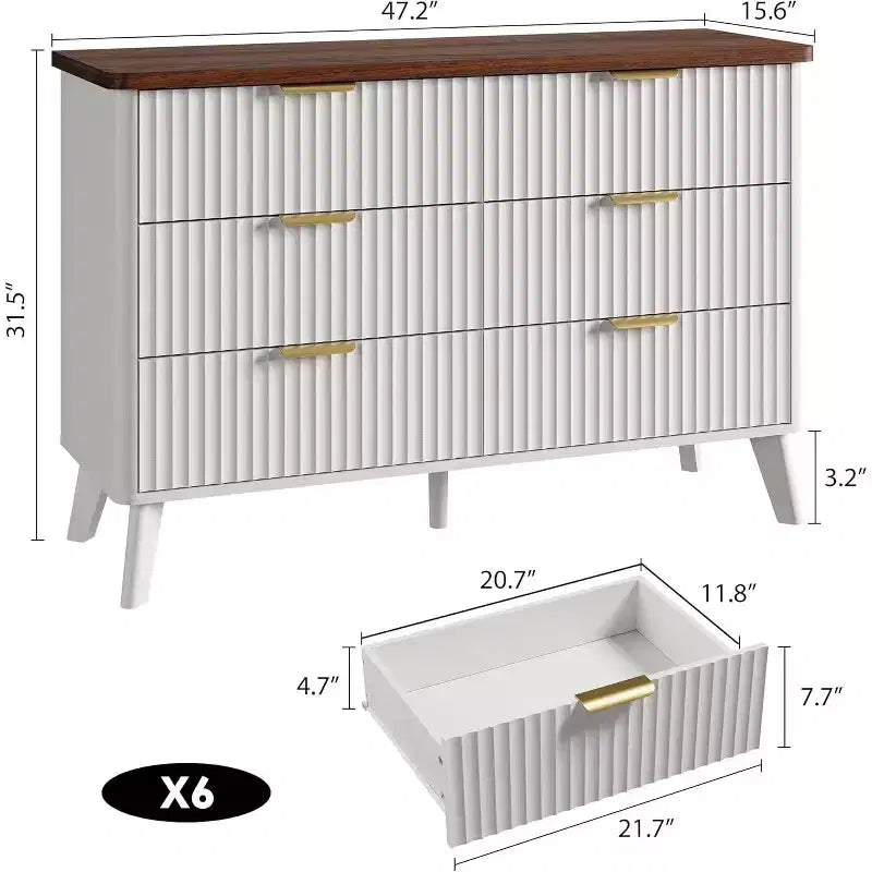 COZONY Commode cannelée à 6 tiroirs, commode moderne en bois au design incurvé pour chambre à coucher