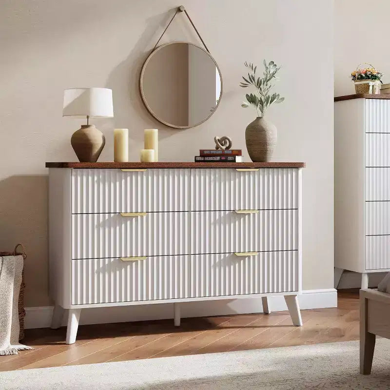 COZONY Commode cannelée à 6 tiroirs, commode moderne en bois au design incurvé pour chambre à coucher