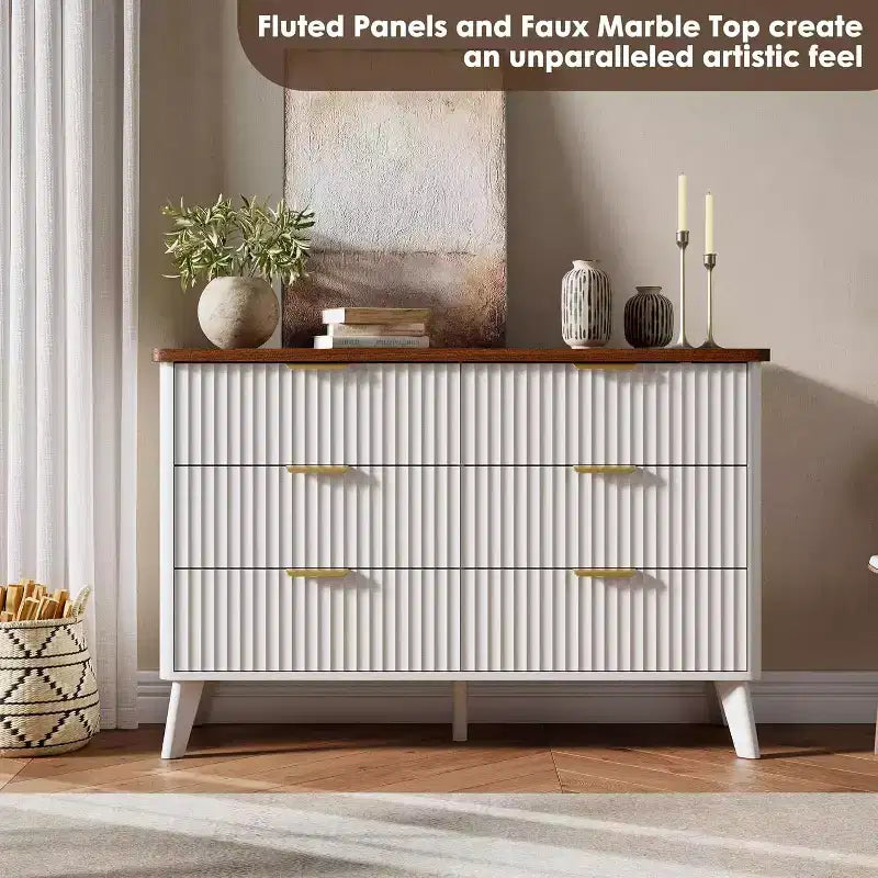 COZONY Commode cannelée à 6 tiroirs, commode moderne en bois au design incurvé pour chambre à coucher
