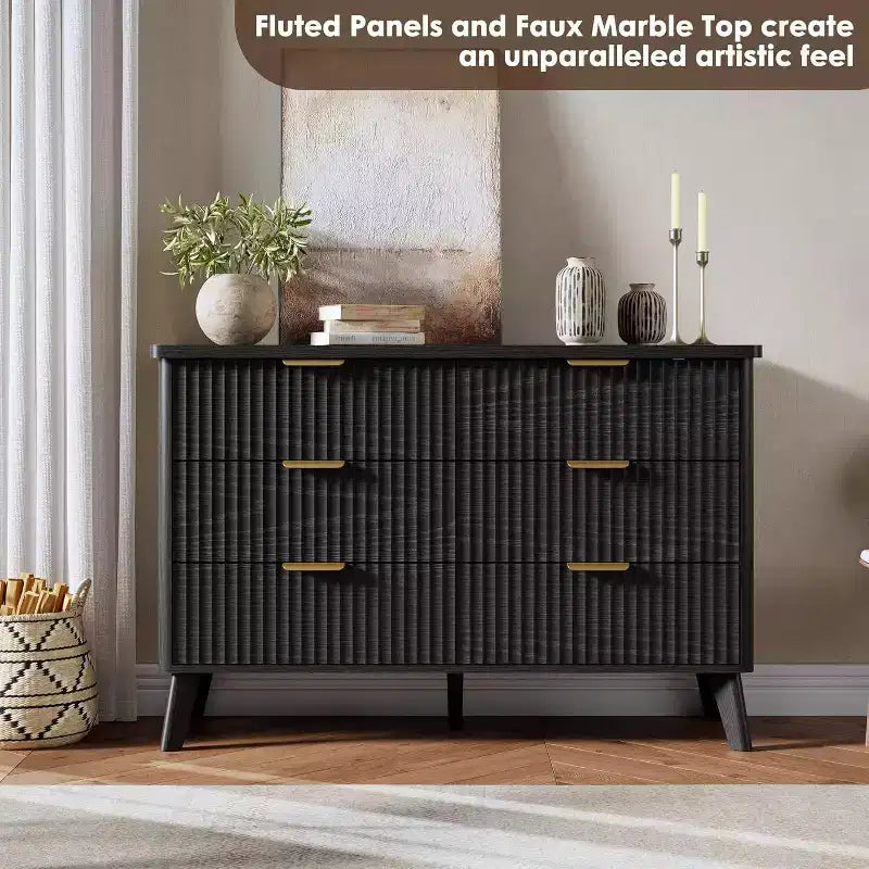COZONY Commode cannelée à 6 tiroirs, commode moderne en bois au design incurvé pour chambre à coucher