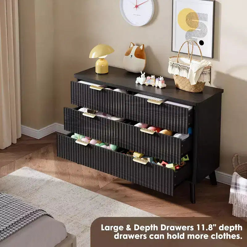 COZONY Commode cannelée à 6 tiroirs, commode moderne en bois au design incurvé pour chambre à coucher