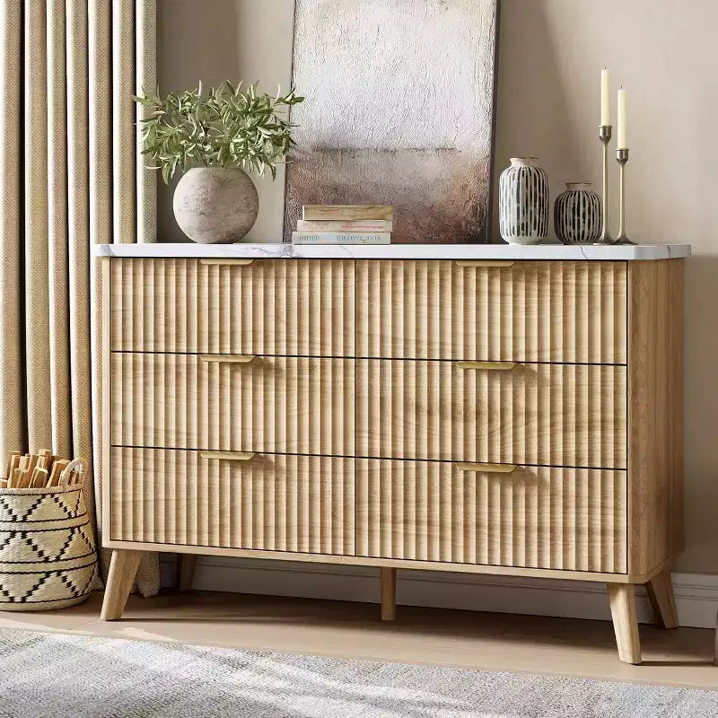 COZONY Commode cannelée à 6 tiroirs, commode moderne en bois au design incurvé pour chambre à coucher