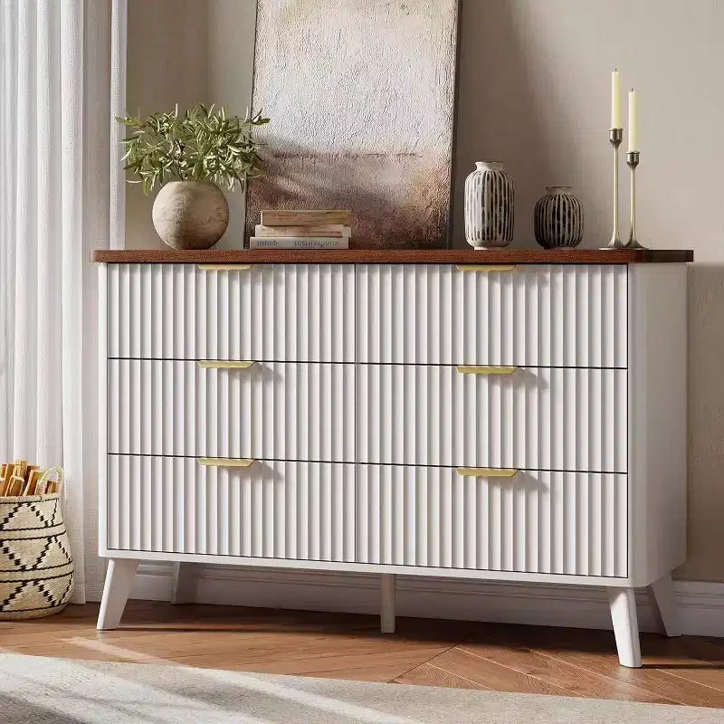 COZONY Commode cannelée à 6 tiroirs, commode moderne en bois au design incurvé pour chambre à coucher