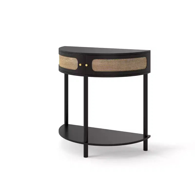 Table d'appoint semi-circulaire élégante Zeus & Ruta avec 2 armoires en rotin et étagère inférieure pour salon, chambre, couloir