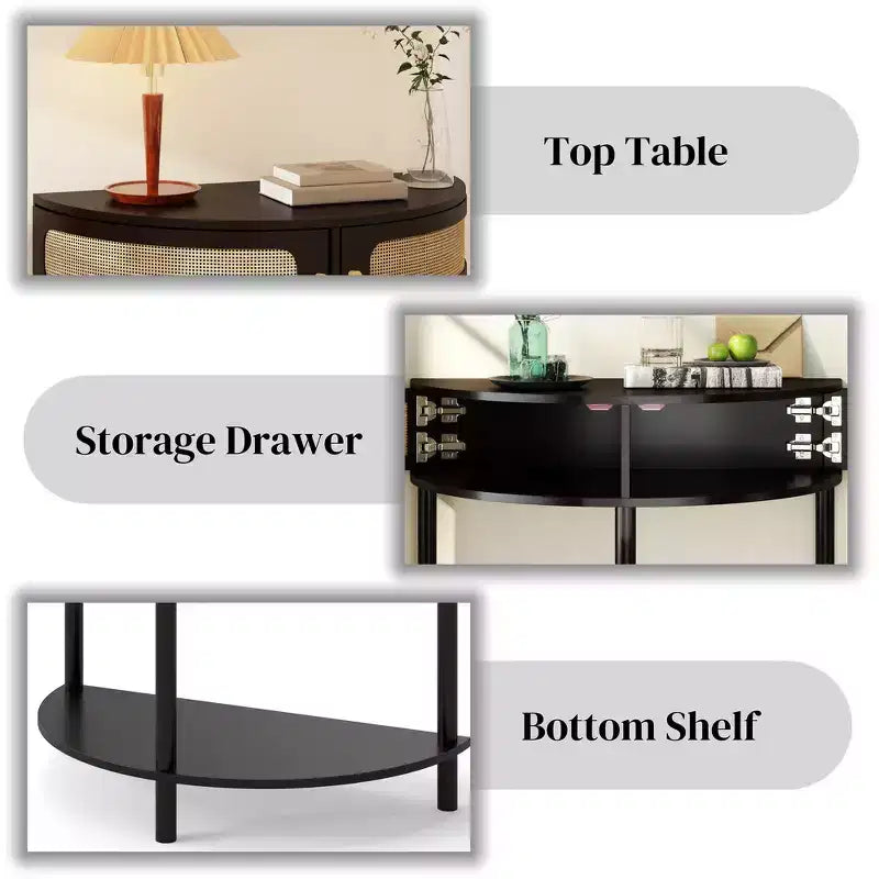 Table d'appoint semi-circulaire élégante Zeus & Ruta avec 2 armoires en rotin et étagère inférieure pour salon, chambre, couloir