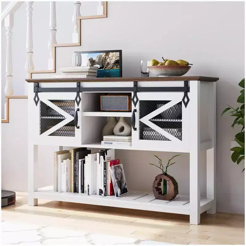 Console d'entrée avec portes coulissantes de grange, table console de ferme de 117 cm avec rangement, table de canapé étroite rustique derrière le canapé, pour entrée, couloir, foyer