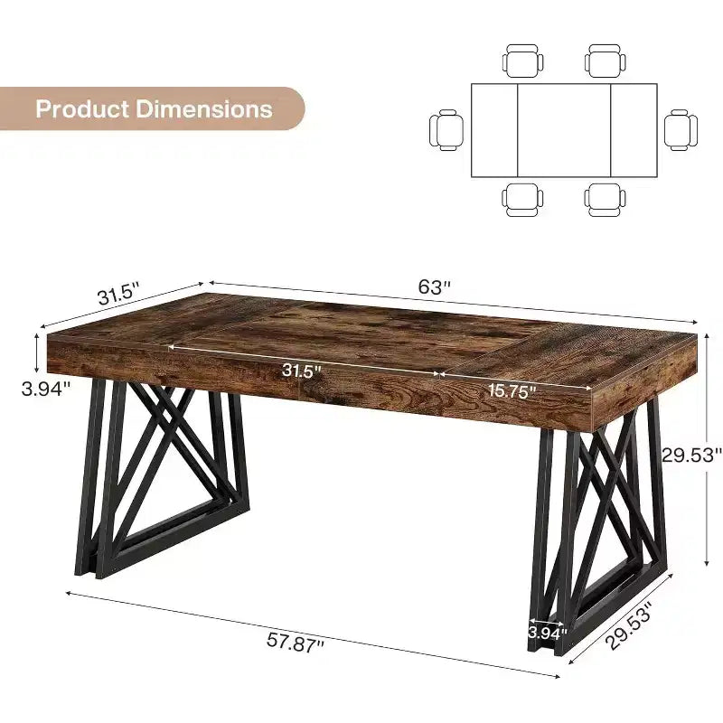 Table de salle à manger Lantine 63'' pour 4-6 personnes, Table de cuisine avec pieds en métal robustes, Meuble de salle à manger rectangulaire pour salon, Marron rustique et noir