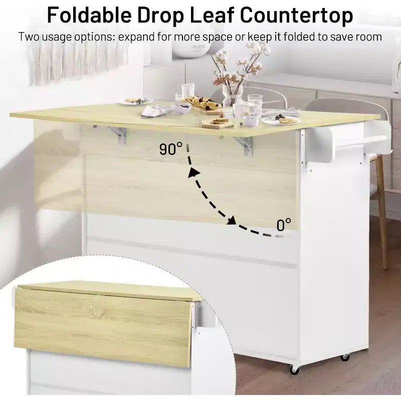 Chariot de cuisine mobile FurnitureR avec abattant pliant, meuble de rangement de cuisine de 115 cm de large sur roulettes, table de préparation roulante peu encombrante, blanc