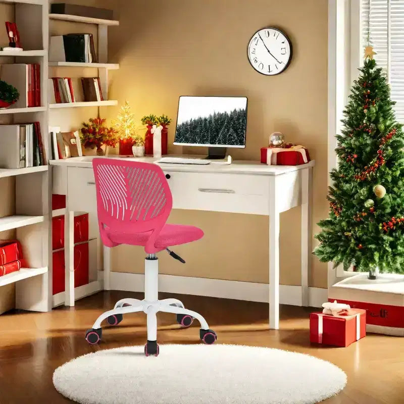 Chaise de bureau sans accoudoirs FurnitureR, mignonne, ergonomique, petite chaise de bureau pivotante et réglable avec roulettes, rose vif