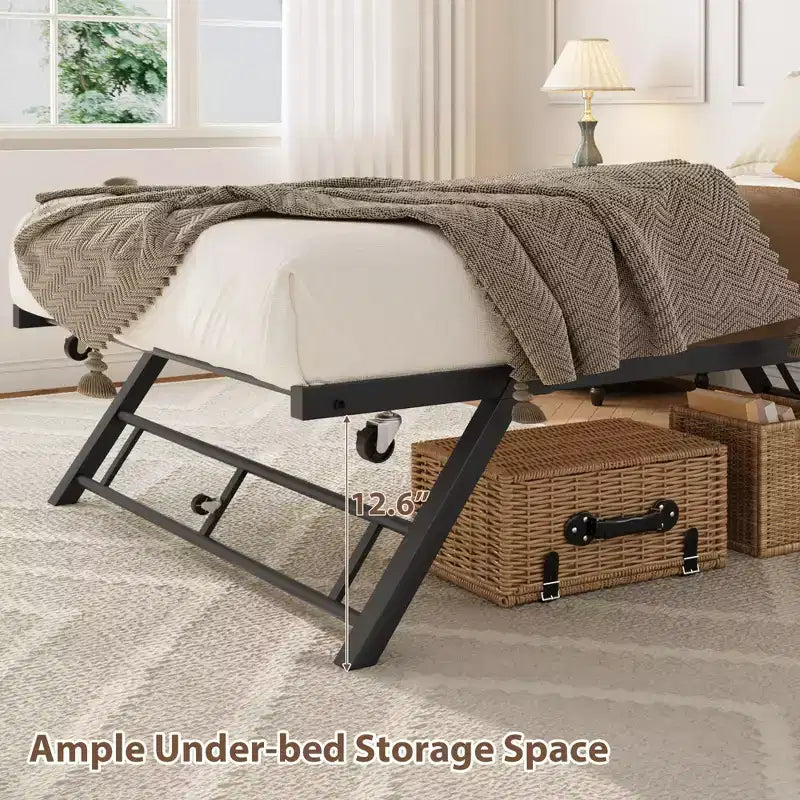 GustoWave Cadre de lit gigogne double escamotable, Lit de repos gigogne avec roulettes verrouillables, Plateforme métallique pliable, 73,6''