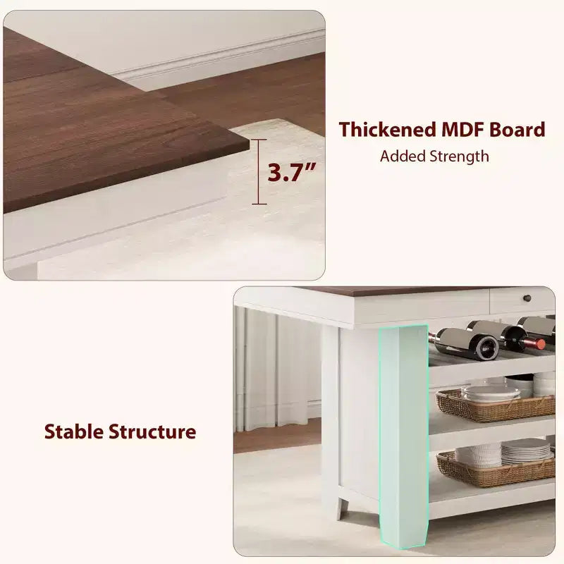 Îlot de cuisine de 60 pouces avec rangement, table îlot fixe de style ferme à 4 niveaux avec grand plan de travail pour la cuisine, la salle à manger, le salon