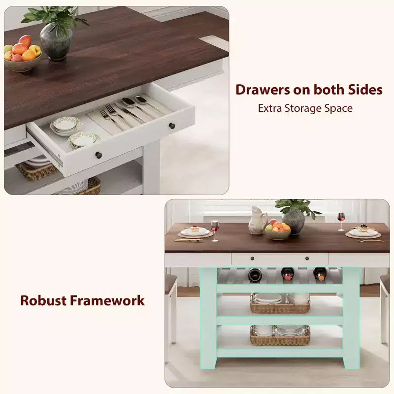 Îlot de cuisine de 60 pouces avec rangement, table îlot fixe de style ferme à 4 niveaux avec grand plan de travail pour la cuisine, la salle à manger, le salon